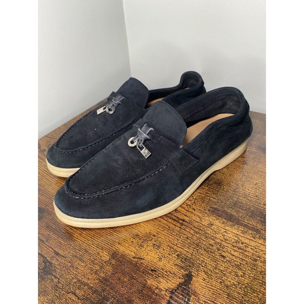 Women's Loro Piana Black Summer Charms Walk Suede Loafers Shoes Flats Size 38